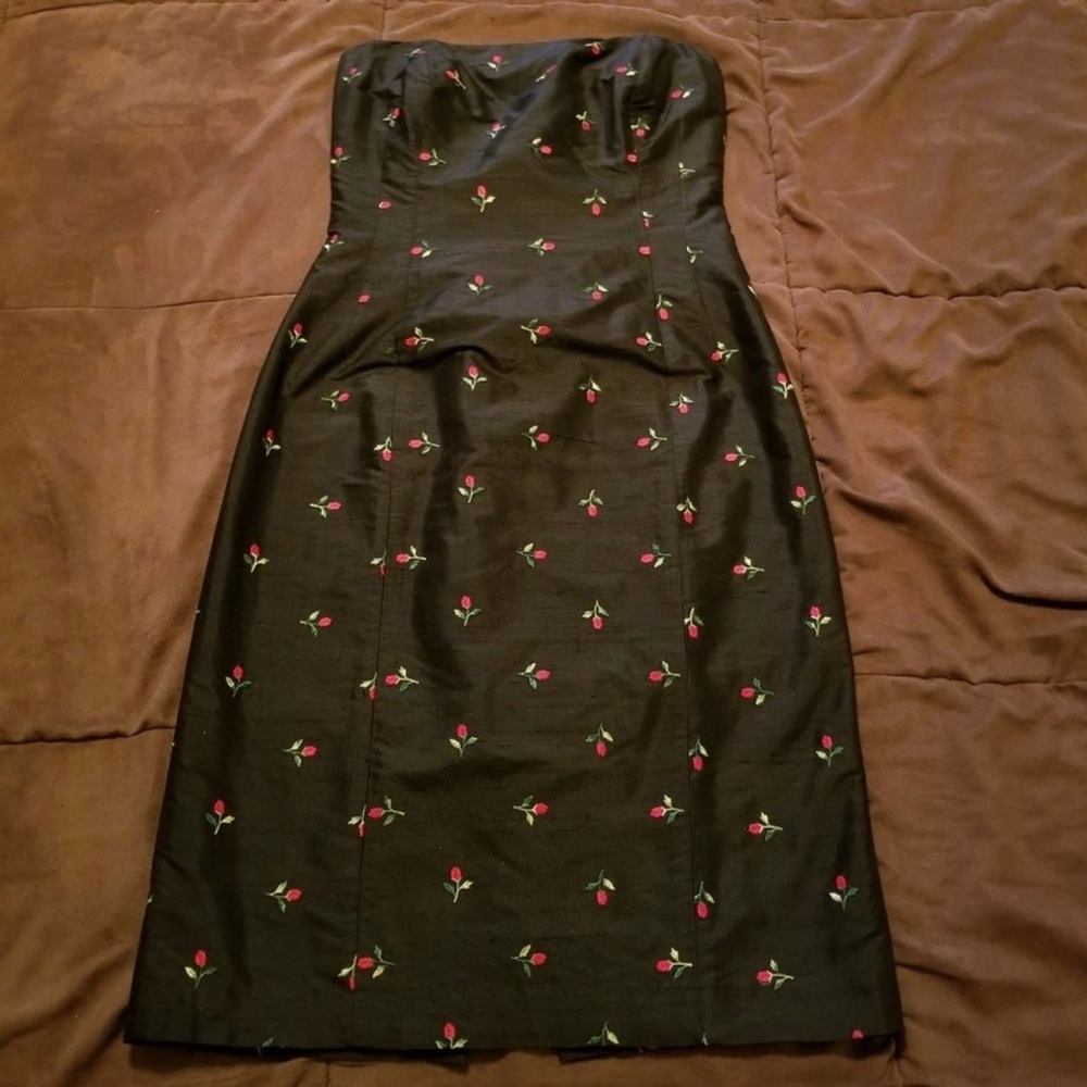 Shoshanna Strapless Dress Black Red Floral Corset Back Pinup Fancy Size 8
